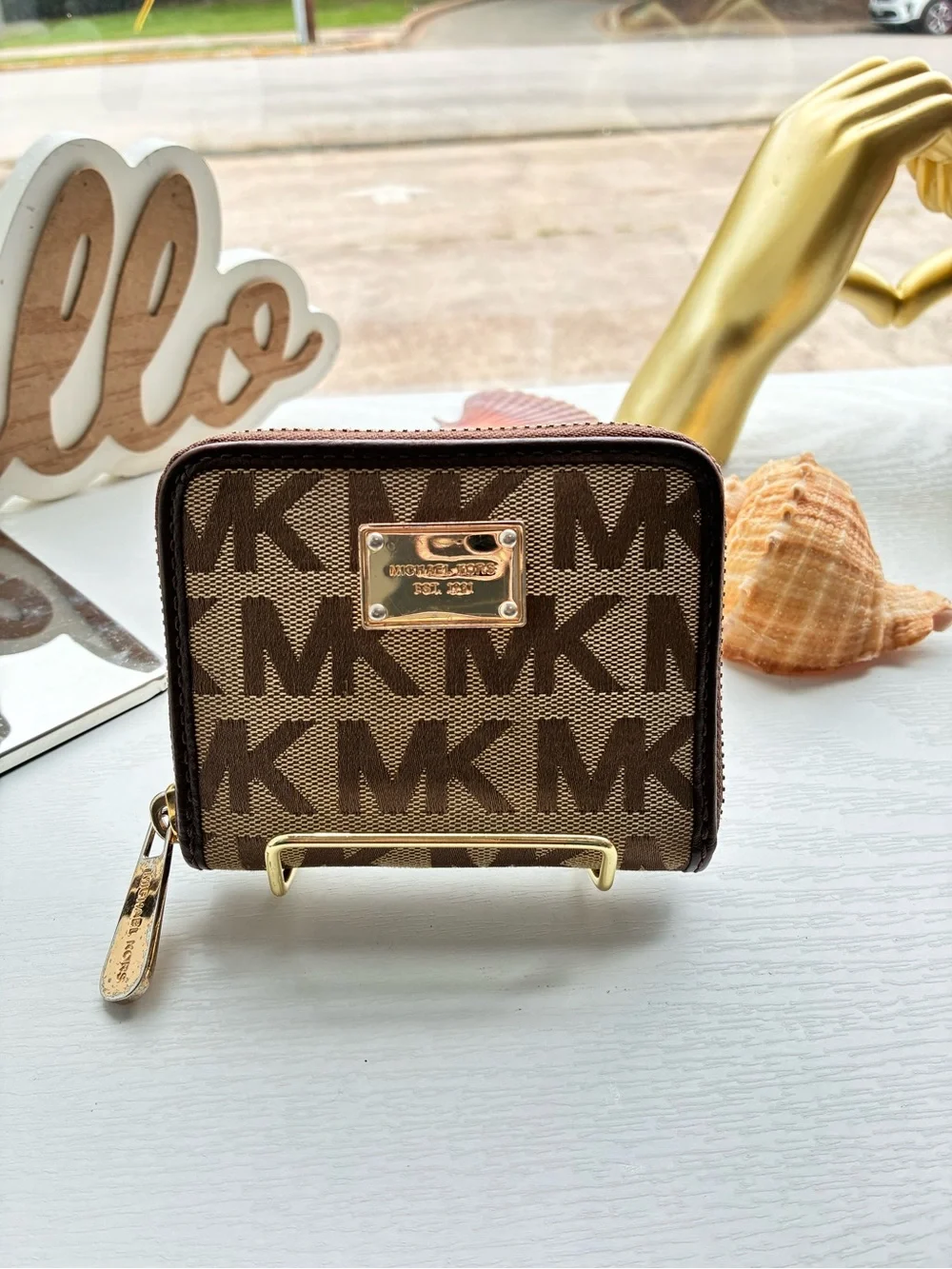 Michael Kors Brown Tan MK Monogram Zip Card Case